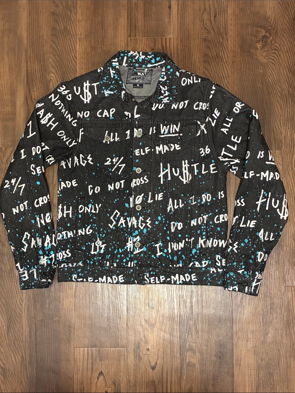 Men's Brooklyn Graffiti Graphic Black & Teal Denim Jacket - Streetwear Style
